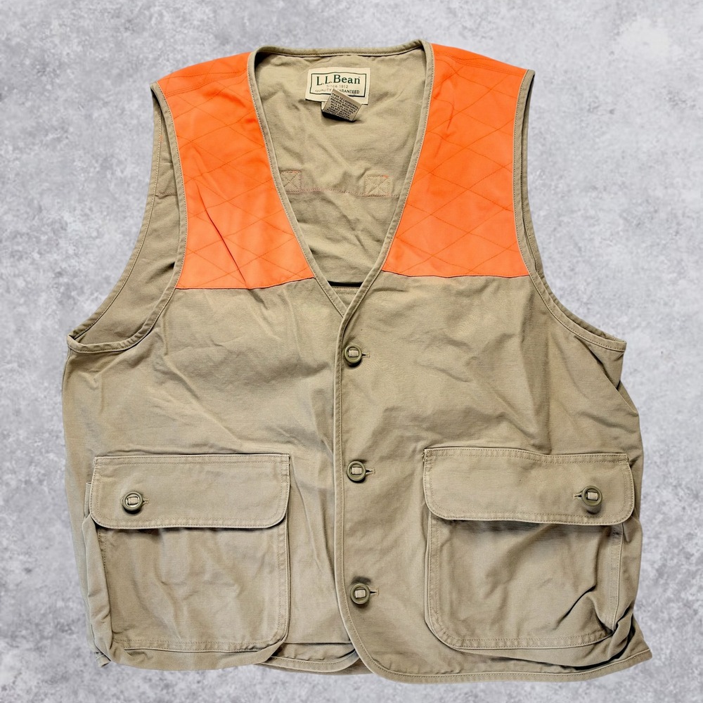 Vintage LL Bean Hunting Vest Mens Large Tan Blaze Orange Game Pouch Canvas